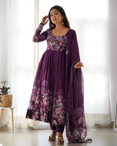 elegant wine anarkali silk gown